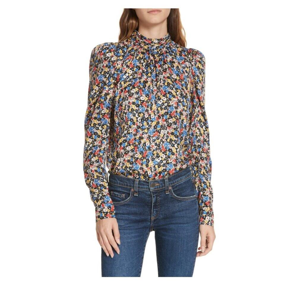 Veronica Beard Mena Multi Floral Stretch Silk Mock Neck Top Blouse Puff Sleeve 4